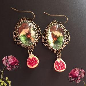 Persephone earrings, Pomegranate charm, Rosetti earrings, Redhead earrings, Mythology jewelry, Underworld earrings, goddess jewelry