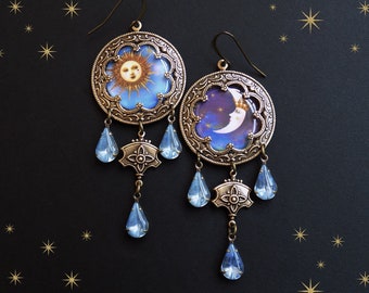 Brass Sun Moon Earrings: Vintage Sapphire glass drops, Celestial Jewelry