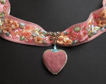 Rococo Choker, Boho Wedding, Embroidered floral, Silk velvet heart, very limited edition, Coral Pink, blue, ribbon choker, Non traditional