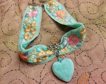 Rococo Choker, Boho Wedding, Embroidered floral, Silk velvet heart, limited edition, pink, mint, blue, wide ribbon choker, Something blue