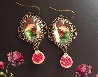 Persephone earrings, Pomegranate charm, Rosetti earrings, Redhead earrings, Mythology jewelry, Underworld earrings, goddess jewelry
