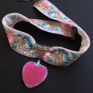 Rococo Choker, Boho Wedding, Embroidered floral, Silk velvet heart, very limited edition, Hot Pink, blue, ribbon choker, Non traditional