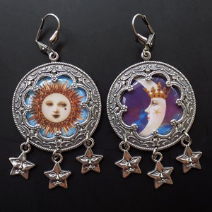 Tarot earrings, Sun and Moon Celestial, Asymmetrical earrings with moon and stars, blue and purple earrings, Boho jewelry, pagan jewelry