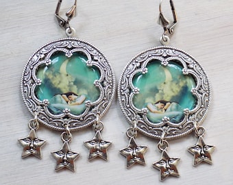 Pre-Raphaelite Moon Star Earrings: Mint Green Celestial Jewelry