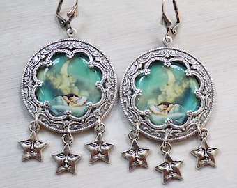 Moon earrings, Celestial earrings, Clip on, Pierced, Boho earrings, Boho earrings, Pre Raphaelite earrings, mint green, star earrings