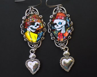 Day of the Dead Earrings - Sacred Heart Earrings - Dias De Los Muertos Earrings - Skeleton Earrings - Katrina Earrings -  Halloween Jewelry