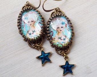 The Star, Tarot Card Earrings,  Tattoo style earrings , Georgian style, Art to Wear, Tarot Jewelry, Aqua Blue, Baroque tarot, shabby blue