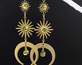 Sun Moon Earrings, Olive Green, lightweight, celestial, long, bohemian earrings, elegant, 1970s style, hand soldered, unique design