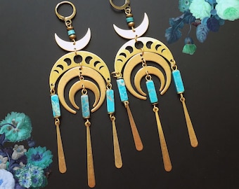 Moon Earrings, Jasper and Turquoise, moon phase, 1970s Boho, art Deco, Art Nouveau, Lightweight earrings, shoulder duster, Boho earrings