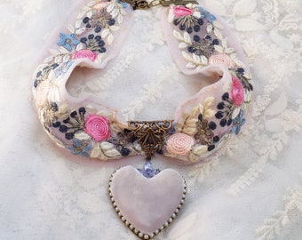 Rococo Choker, boho wedding, embroidered floral, Silk velvet heart, PALEST pink, grey, blue, ribbon choker, Something Blue