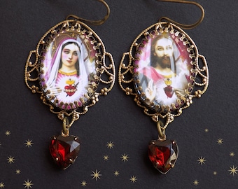 Jesus Mary earrings, pink gold, pink garnet, heart drops, pop art style, charming earrings, lightweight, vintage images, holy card earrings