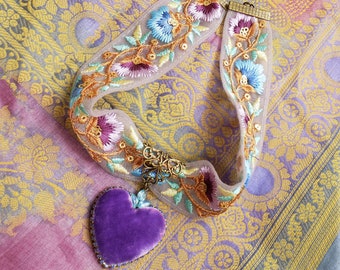 Baroque choker, lilac purple, aqua blue, silk velvet, embroidered ribbon,high quality,unique design, wedding jewelry, something blue