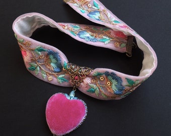 Rococo Choker, Boho Wedding, Embroidered floral, Silk velvet heart, very limited edition, Hot Pink, blue, ribbon choker, Non traditional