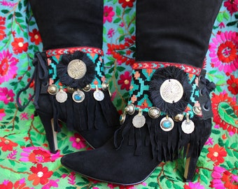 Boot Cuffs, Boot Wraps, Boho Boot Cuffs, Kuchi Coins, Banjara Buttons, Vintage Findings, Turquoise Black, San Antonio, Gypsy Boot Belts