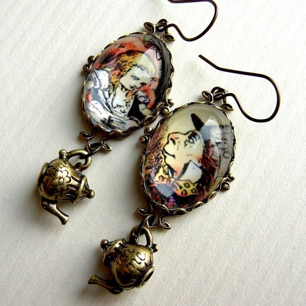 Alice Isnt Getting Any Tea- Version Two - Portrait Earrings with Adorable Teapot Charms