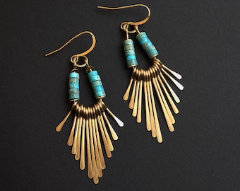 Turquoise fringe earrings, summer jewelry, boho earrings, rustic style, beachy jewelry, lightweight, handmade, hammered fringe, unique style