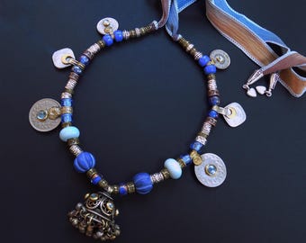 Vintage Kuchi Pendant Necklace with Blue Glass, Coins and Ombre Silk
