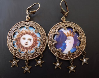 Sun Moon Earrings, Celestial jewelry, Antique Brass, Mismatch earrings, blue purple, astrology earrings, tarot jewelry, Sun Card, Moon card