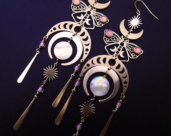Pink Butterfly Earrings, Mother of Pearl Celestial Statement Jewelry, Lunar Moth