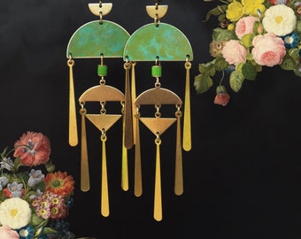 Orecchini geometrici in ottone: gioielli boho in diaspro turchese verde