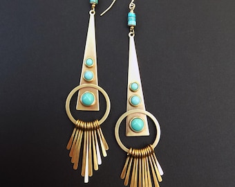 Turquoise Art Deco Statement Earrings, 4.5 Inch Brass Fringe Earrings