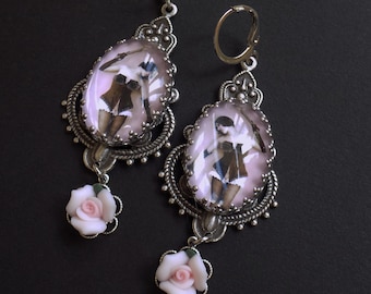 Vintage Dominatrix Art Earrings with Pink Rose Drops