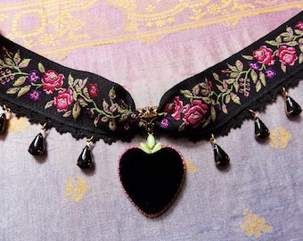 Black Floral Velvet Heart Choker with Italian Jacquard Ribbon and Crystal Drops