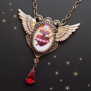 Sacred Heart Pendant, Immaculate Heart, Wings Necklace, Heart Necklace, Catholic Jewelry,Catholic Necklace, Sacred Heart Pendant, Necklace
