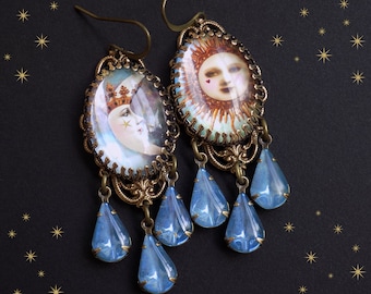 Boucles d'oreilles soleil lune, gouttes de saphir vintage, édition très limitée, charmantes boucles d'oreilles, boucles d'oreilles célestes, tarot soleil, tarot lune, uniques