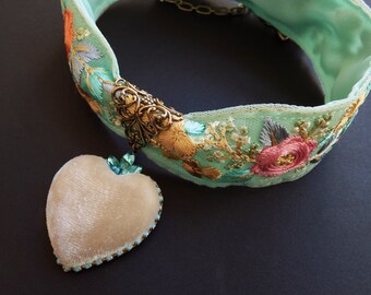 Rococo Choker, Boho Wedding, Embroidered floral, Silk velvet heart, limited edition, pink, mint, pale gold, wide choker, Something blue