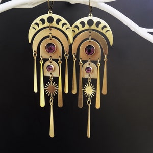 Moon Earrings, Plum amethyst, purple, moon phase, 1970s Boho, art Deco, Art Nouveau, Lightweight earrings, shoulder duster, Boho earrings
