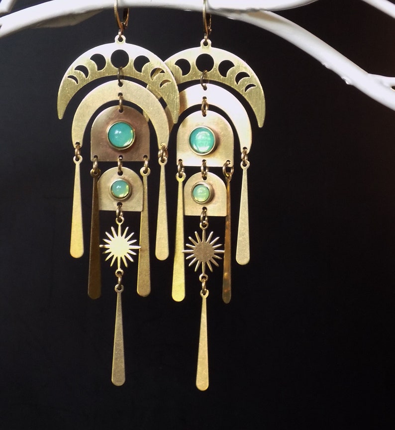 Moon Earrings, green opal, apple green, moon phase, 1970s Boho, art Deco, Art Nouveau, Lightweight earrings, shoulder duster, Boho earrings image 1