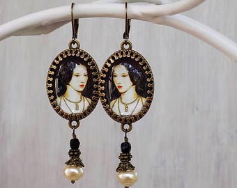Anne Boleyn Portrait Earrings with Pearl  Drops