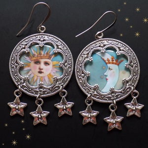 Mismatched Sun and Moon Face Earrings with Silver Tone Star Charms