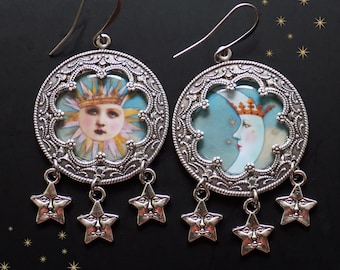 Tarot earrings, Sun and Moon Celestial, Asymmetrical earrings with moon and stars, gold and mint blue earrings, Boho jewelry, pagan jewelry