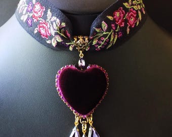 Fig Plum Heart Choker with Floral Jacquard Ribbon and Crystal Drops