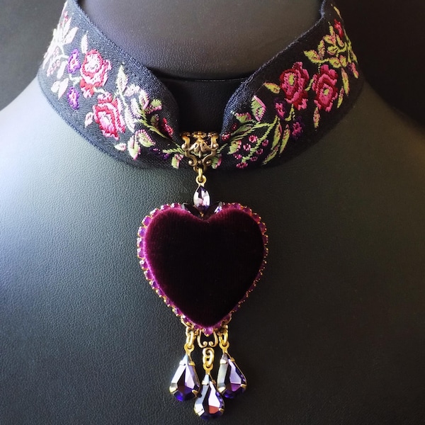 Fig Plum Heart Choker with Floral Jacquard Ribbon and Crystal Drops