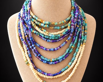 Long Seed Bead Necklace Set, Blue Purple Turquoise Cream Wrap Bracelets, Layering Boho Jewelry Set