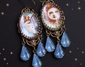 Sun and Moon Celestial Earrings with Pale Sapphire Drops