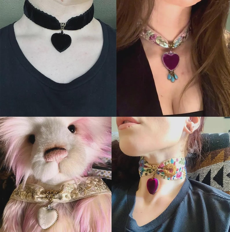 May include: A collection of chokers featuring heart-shaped pendants. One choker is black velvet with a black heart, another has a purple heart pendant with turquoise beads, and two others have heart pendants with floral and lace details.