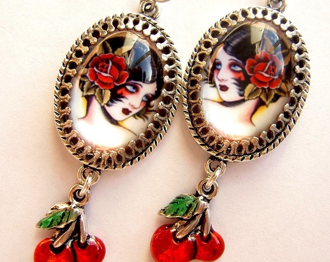 Tattoo Flash Earrings, Cherry Earrings, Tattoo Jewelry, Pinup Girl, Old