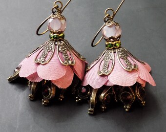 READY TO SHIP Dusty pink, burgundy, fall pink, flower earrings, fairy earrings, jhumka, hand cut petals, jeweled drops, shabby chic