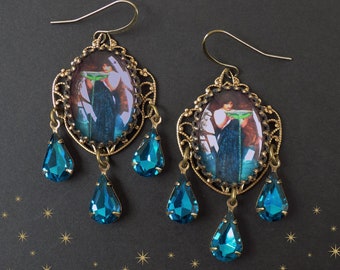 Circe Earrings, Waterhouse, Art jewelry, Art earrings, pagan jewelry, witch earrings, mythology, peacock blue, green, Preraphaelite Earrings