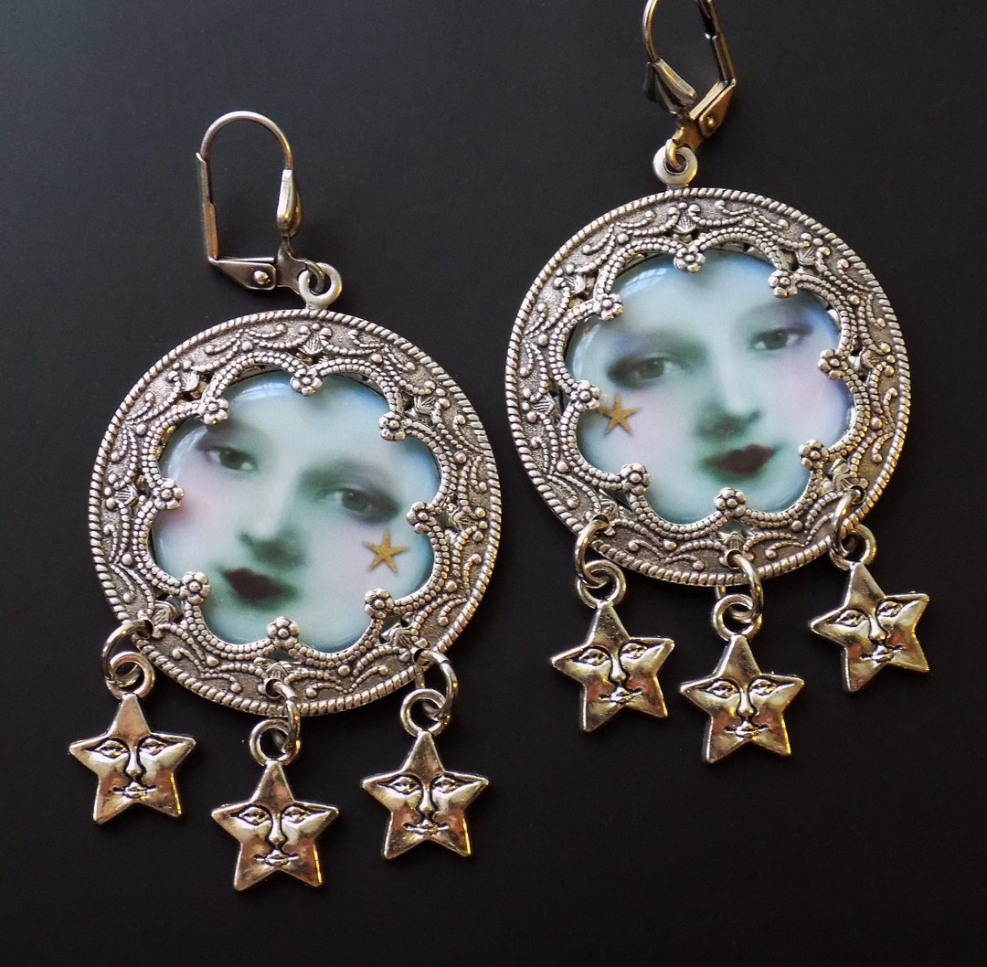 Handmade Moon and Star Dangle Earrings: Bohemian Fairycore Jewelry, Celestial Jewelry - Etsy Japan