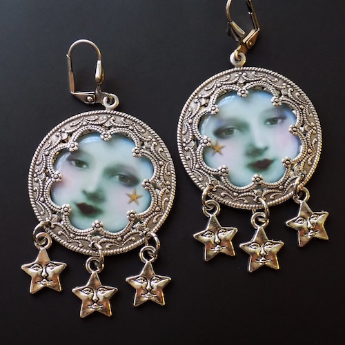 Bohemian Moon Face Earrings, Celestial Star Charms, Silver Tone Statement Jewelry