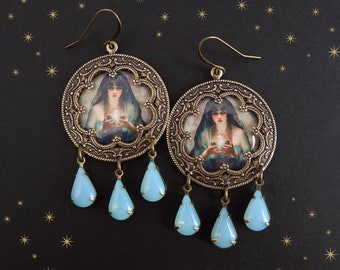 Fortune teller earrings, antique brass, blue opal, vintage image, art jewelry, art earrings, painted caravan, blue and gold, robins egg