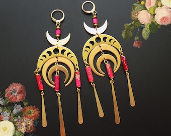 Moon Earrings, hot pink jasper stone, moon phase, 1970s Boho, art Deco, Art Nouveau, Lightweight earrings, shoulder duster, Boho earrings