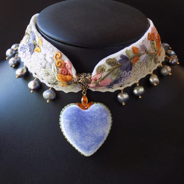 Periwinkle Velvet Heart Choker with Embroidered Lace and Pearl Drops