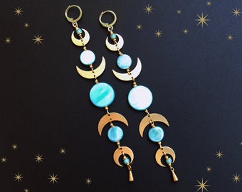 Moon phase earrings, Long and light, Mother of Pearl, Shades of aqua, Statement earrings, Summer jewelry, elegant and long, romantic gift