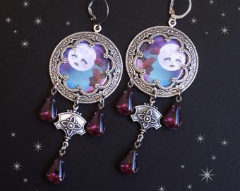 Moon Art Earrings with Burgundy Amethyst Glass Drops